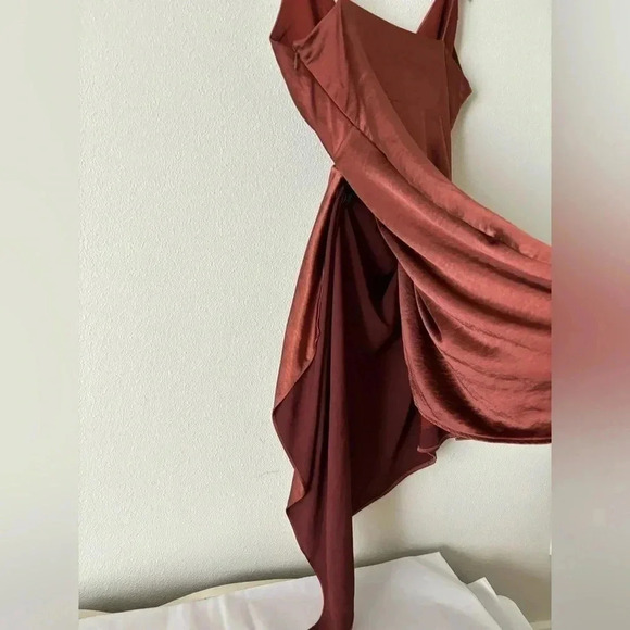 Significant Other Goldie Draped Satin Side Ruched Slip Strappy Mini Dress Bronze - Picture 7 of 10